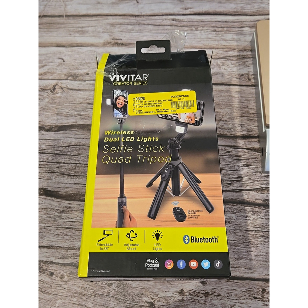 New Vivitar 38” Selfie Stick & Quad Tripod w/Wireless Remote New Open Box (166)
